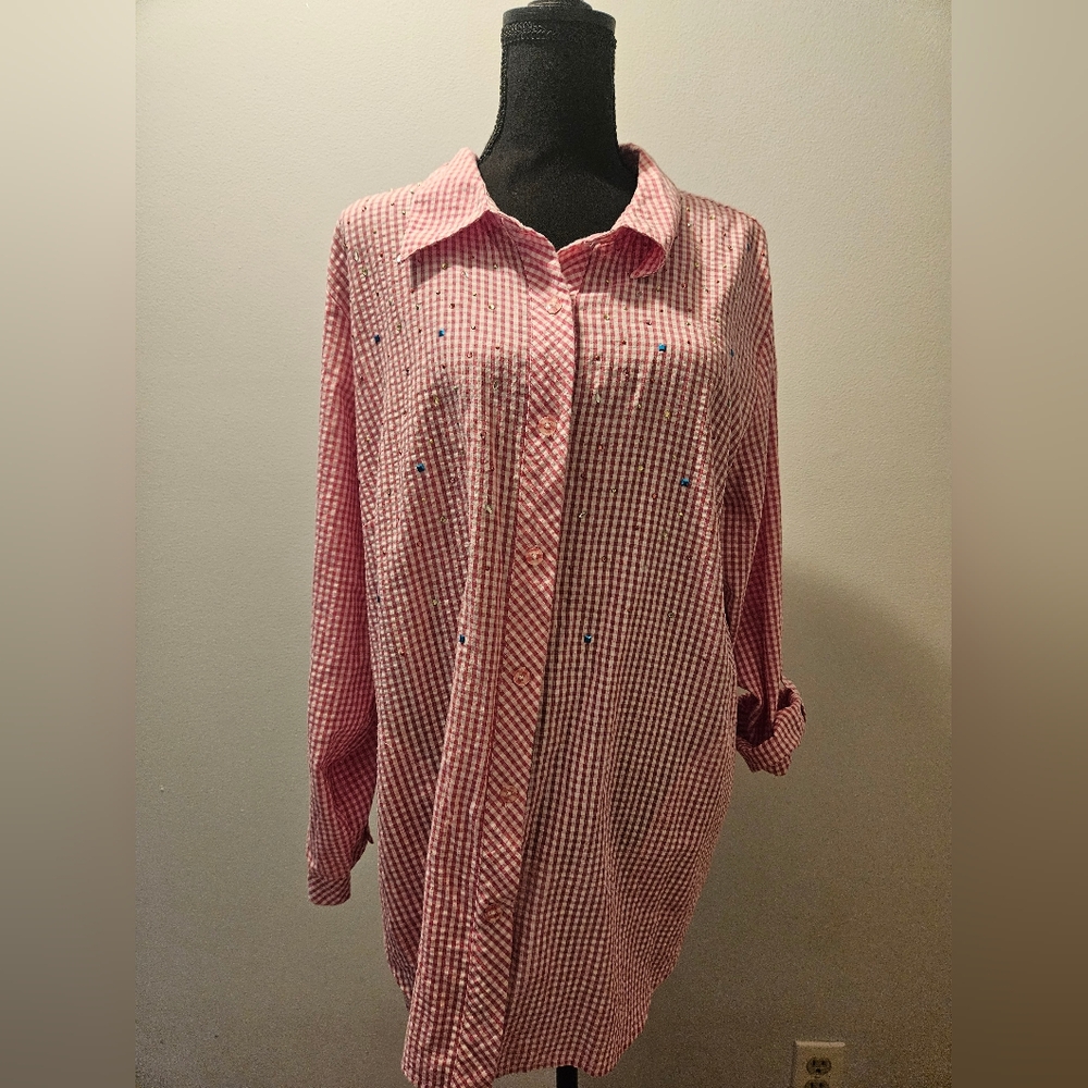 Quacker Factory Pink and White Gingham Shirt